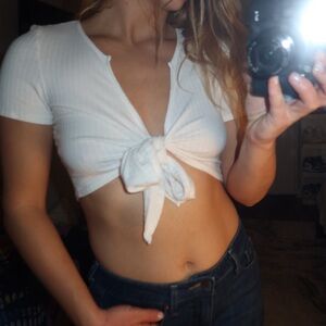 White Tie-Front Ribbed Top